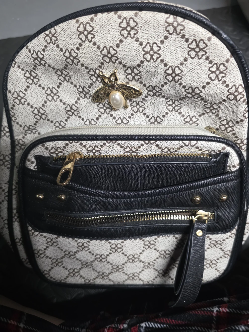 Bee-Embellished Cream and Black Women's Backpack